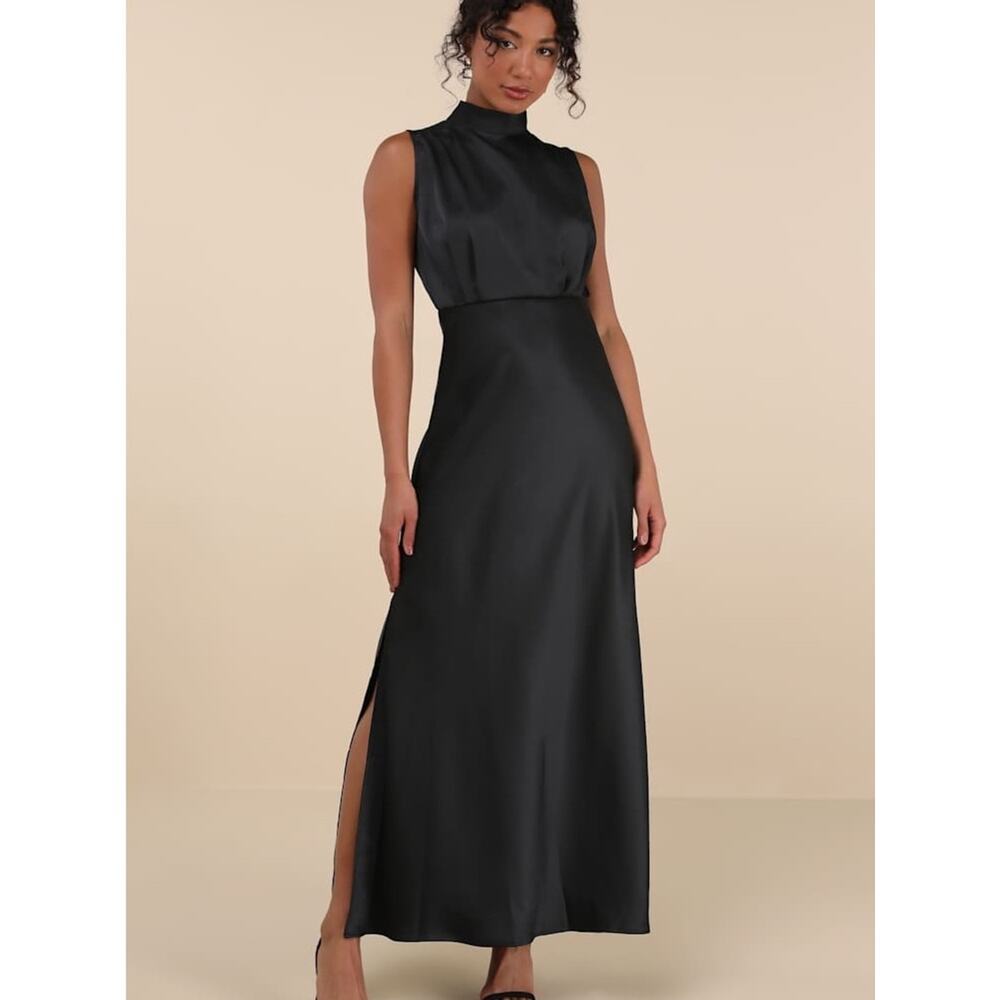 Lulu's Classic Elegance Black Satin Mock Neck Maxi Dress with Side Slits Size M - Picture 2 of 8